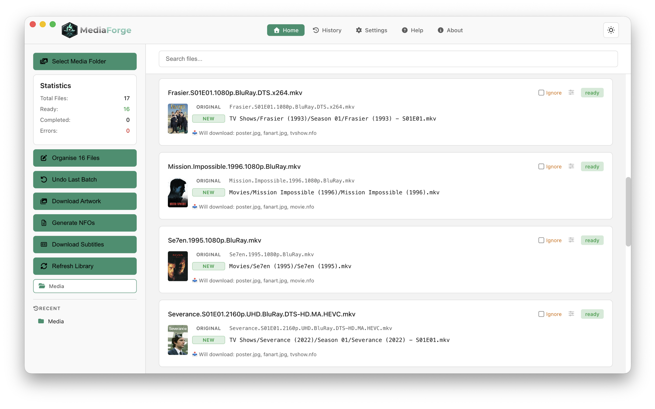 Media Forge — light mode file list